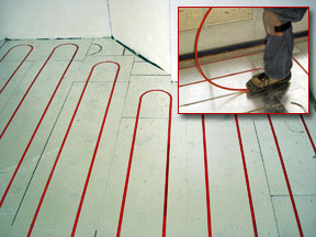 A hydronic floor heating system being installed.