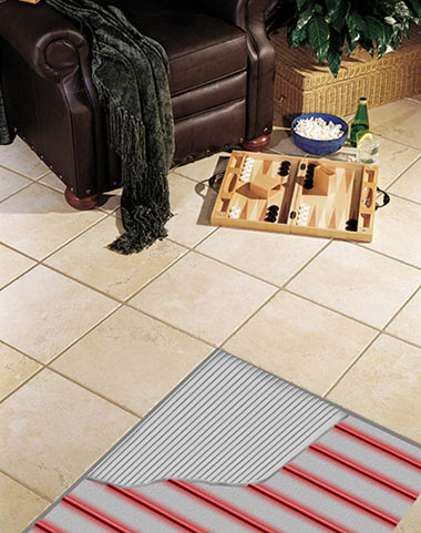 Heated floor with cutout showing heat cable and thin set.